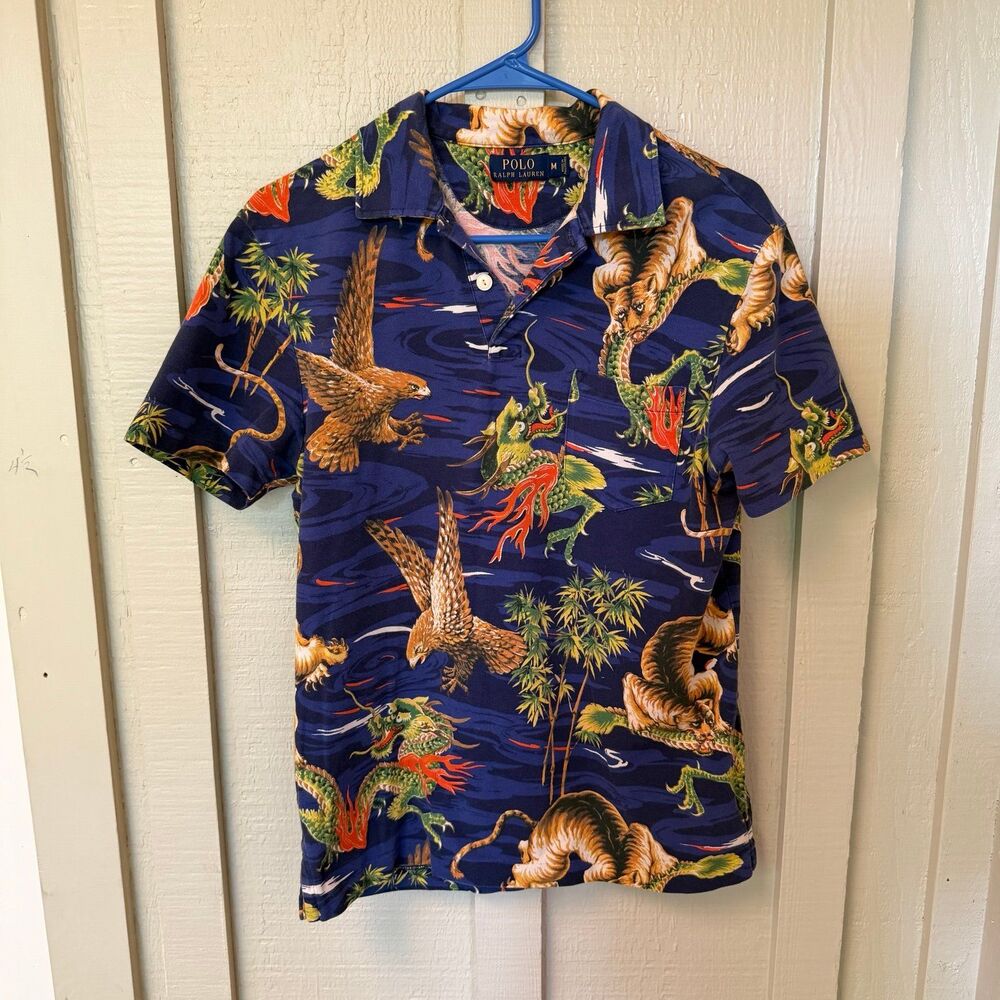 Polo Ralph Lauren Dragon Eagle Tiger Print Polo Shirt Mens Medium 2014 Rare